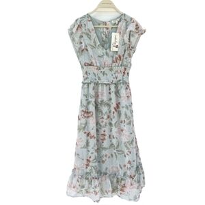 NWT Indulge in Style Pastel Floral Print Lined Ruffle V Neck Midi Dress Size XL